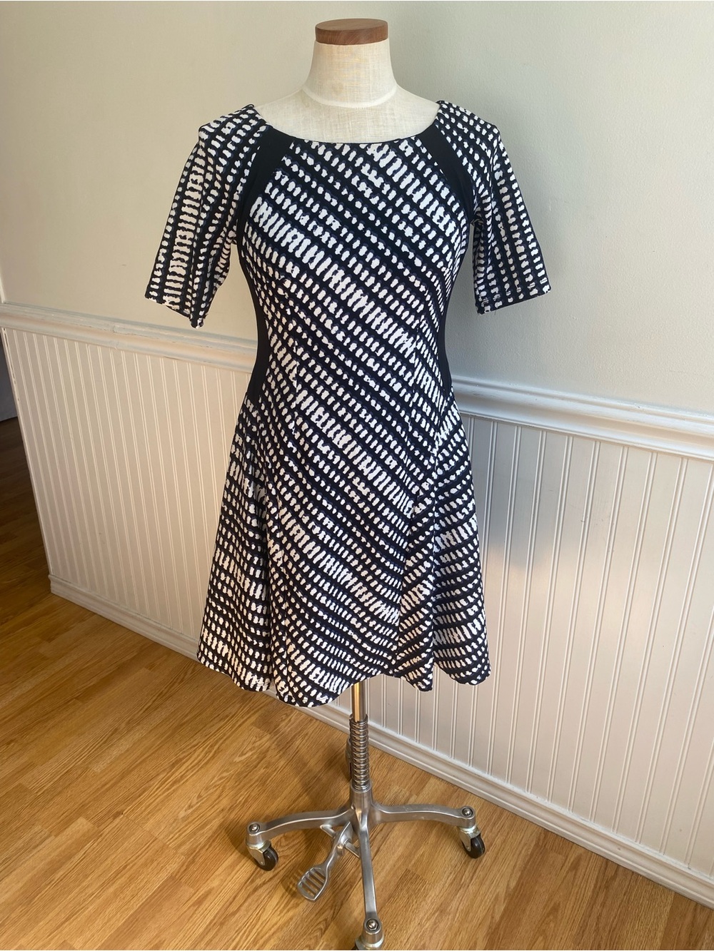 Rabbit Rabbit Rabbit Black and White Diagonal Print Fit-and-Flare Dress